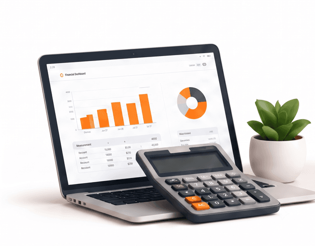 Laptop with financial dashboard, calculator and plant