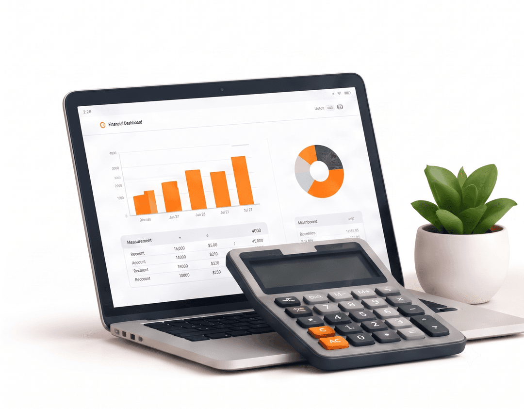 Laptop with financial dashboard, calculator and plant